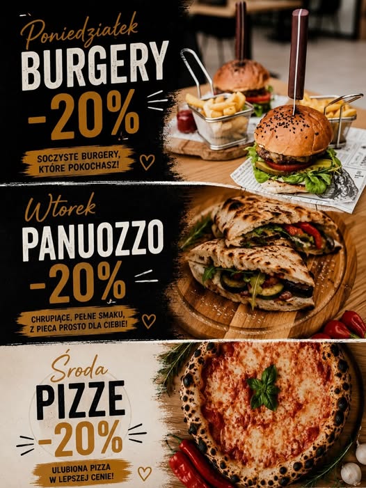 Grafika z promocjami: poniedziałek burgery, wtorek panuozzo, środa pizze